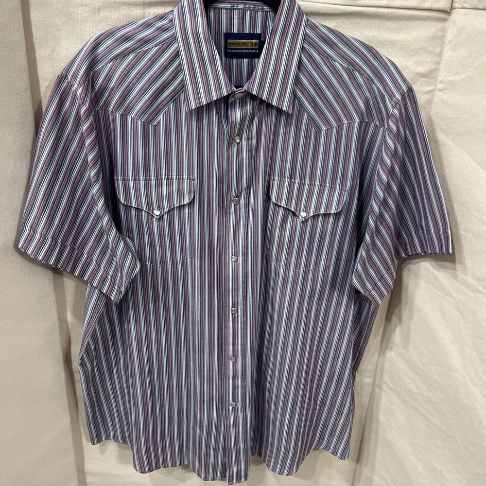 PANHANDLE‎ SLIM Men's Short Sleeve Snap Button Striped Western Shirt  17
